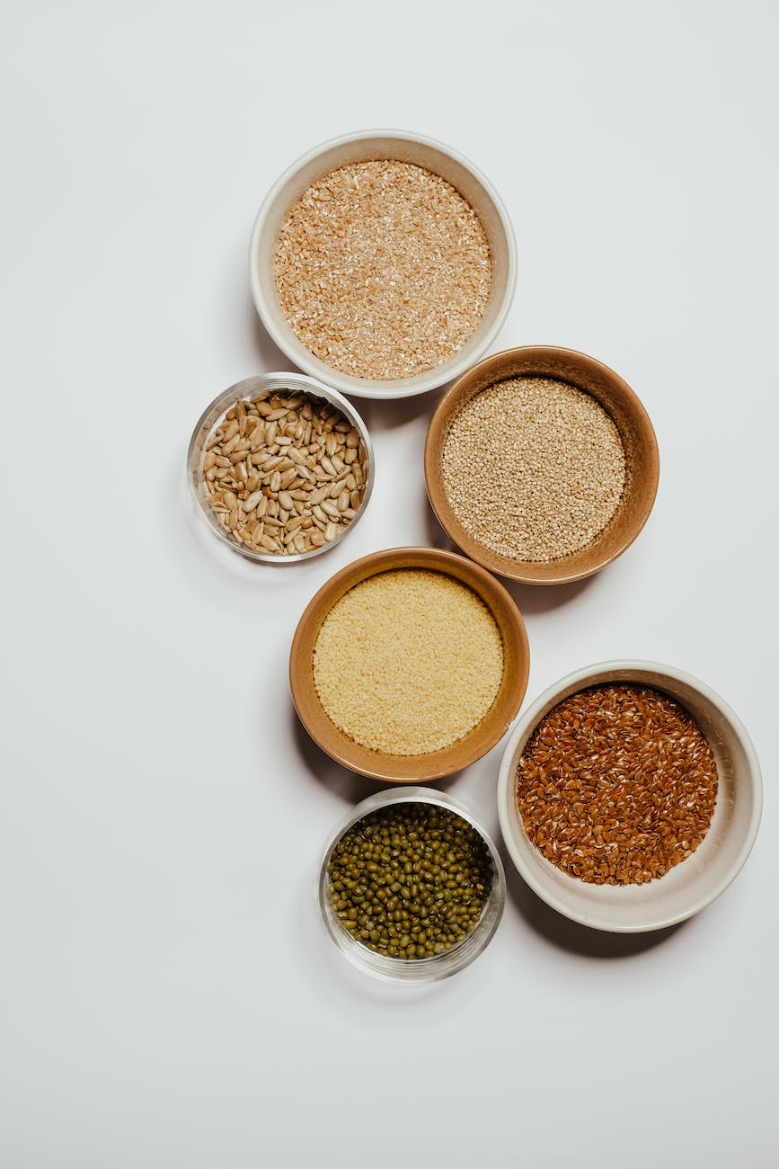 bowls with seeds on a white countertop